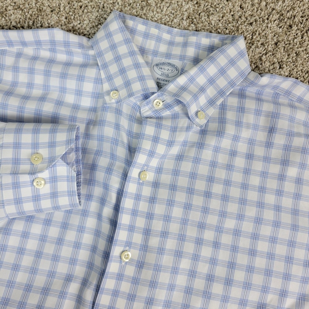 Brooks Brothers Regent Mens 16.5-2/3 White Blue Plaid Check Button Down LS